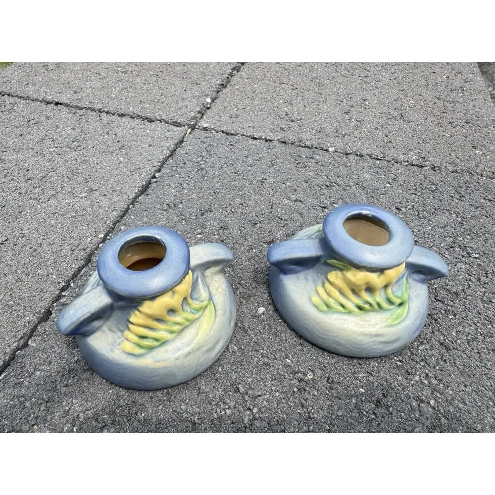 Roseville Freesia Blue Pottery Candle Holder Pair 1160-2 Candlestick Pair